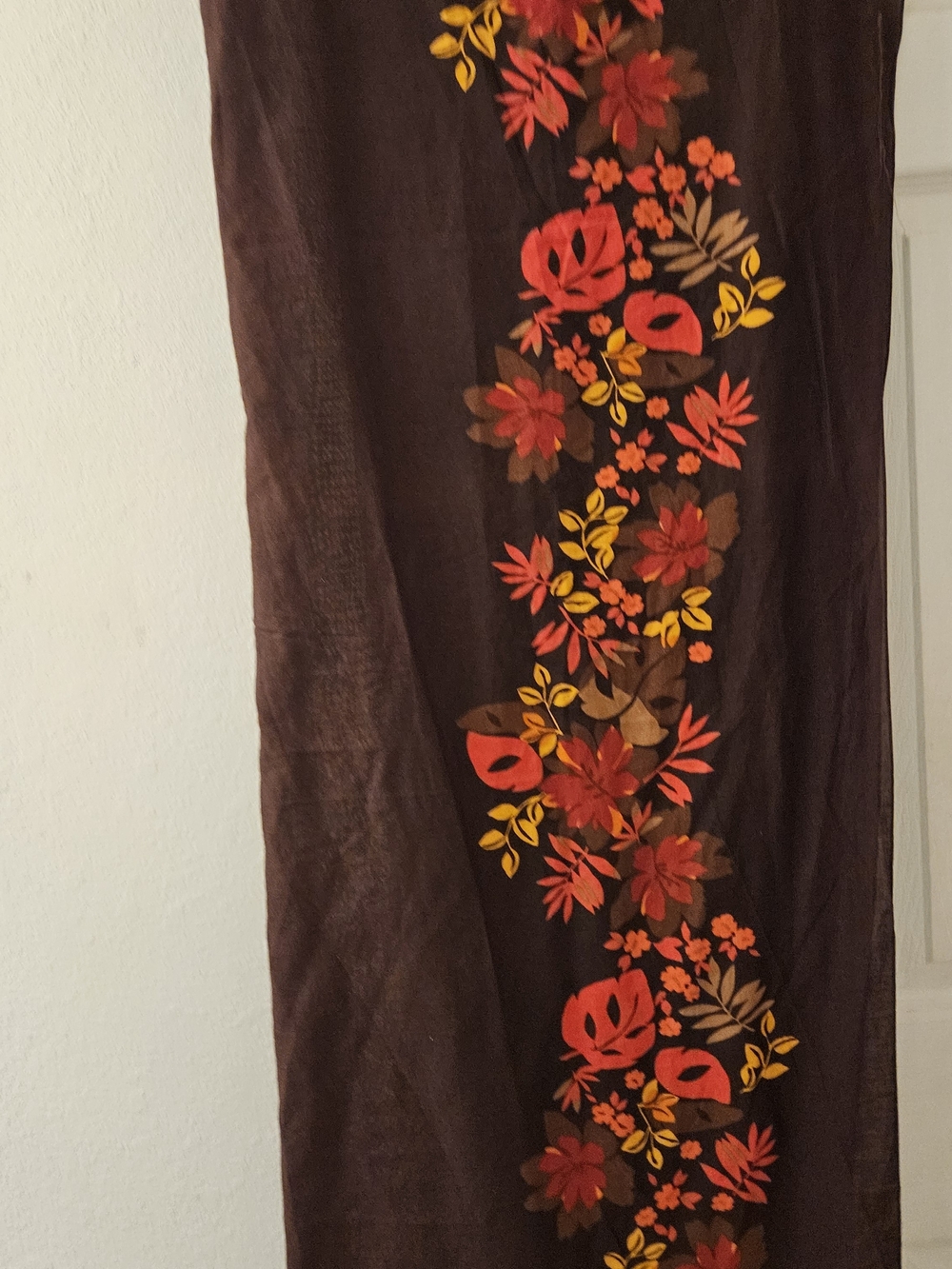 Dark Brown Fall Cotton Floral-Striped Lightweight Scarf Wrap Red Yellow Leaves